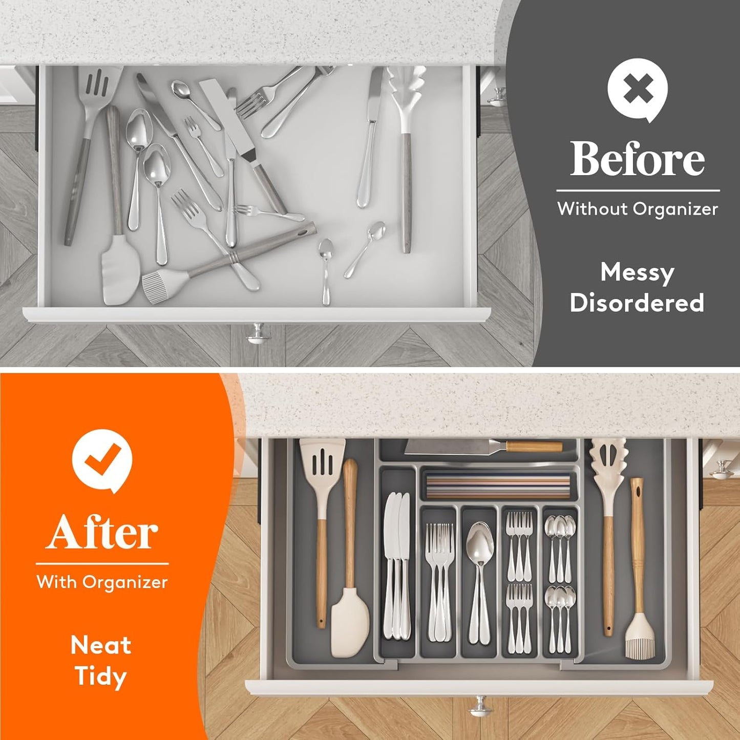 Lifewit Silverware Drawer Organizer, Expandable Utensil Organizer for Kitchen Drawers, Adjustable Cutlery and Flatware Tray, Plastic Spoons Forks Knives Holder Storage Dividers, Extra Large