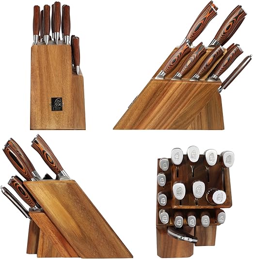 TUO 17 PCS Kitchen Knives Set - Kitchen Block Set with Steak Knife - German X50CrMov15 Steel Blade - Full Tang Pakkawood Handle - Gift Box Included - Fiery Series