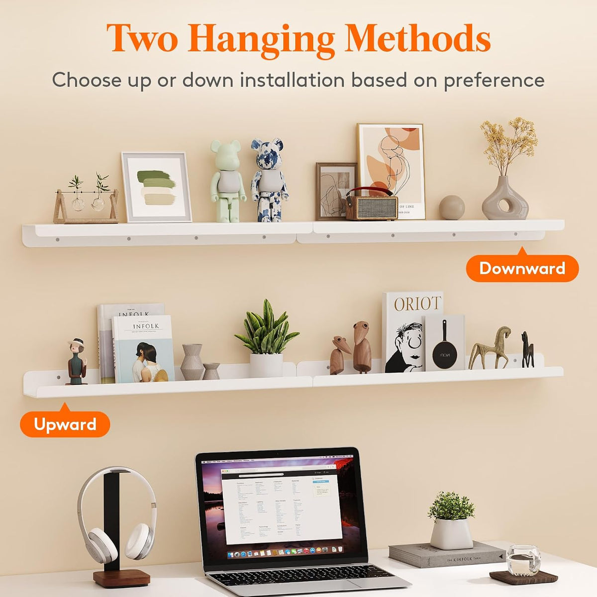 Floating Book Shelves 24", 4 Pack White Acrylic Hanging Racks for Wall Mounted for Photos/Makeup/Skincare/Condiments/Figures in Bathroom, Bedroom, Kitchen, Living Room Decor