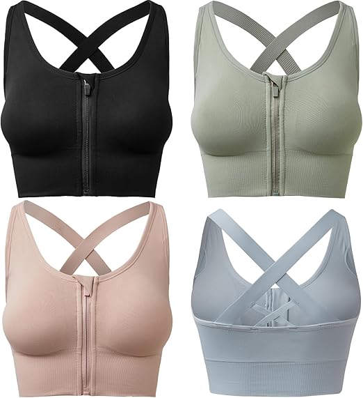 newnice Zip Front Push Up Sports Bras Women's Post-Surgery Bra for Gym Yoga Mastectomy - Wide Straps Wireless Medium Support