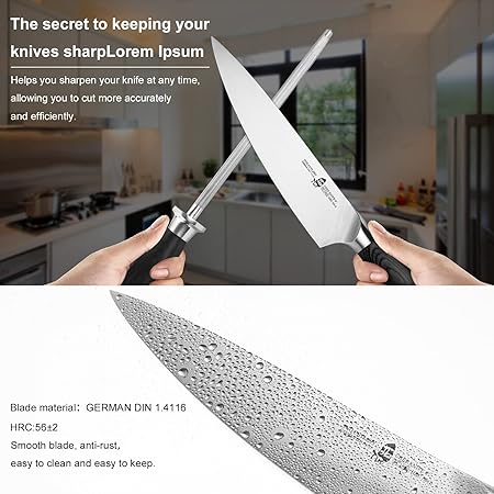 TUO 8 pcs Chef Knife Set,Knives Set for Kitchen,Professional Kitchen Knife Set,Knife Set with Sharpener, German Stainless Steel Pakkawood Handle Gift Box Cutlery, Fiery Phoenix Series - Black