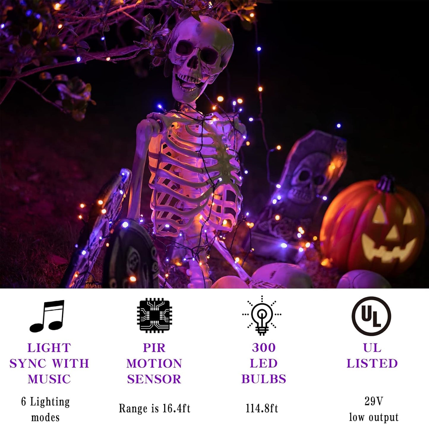 Halloween String Lights Outdoor with Music Sync Spooky Sounds 300 LED 114.8ft Indoor Fairy String Lights Waterproof Memory Function for Halloween Party Haunted House Decorations (Purple & Orange)