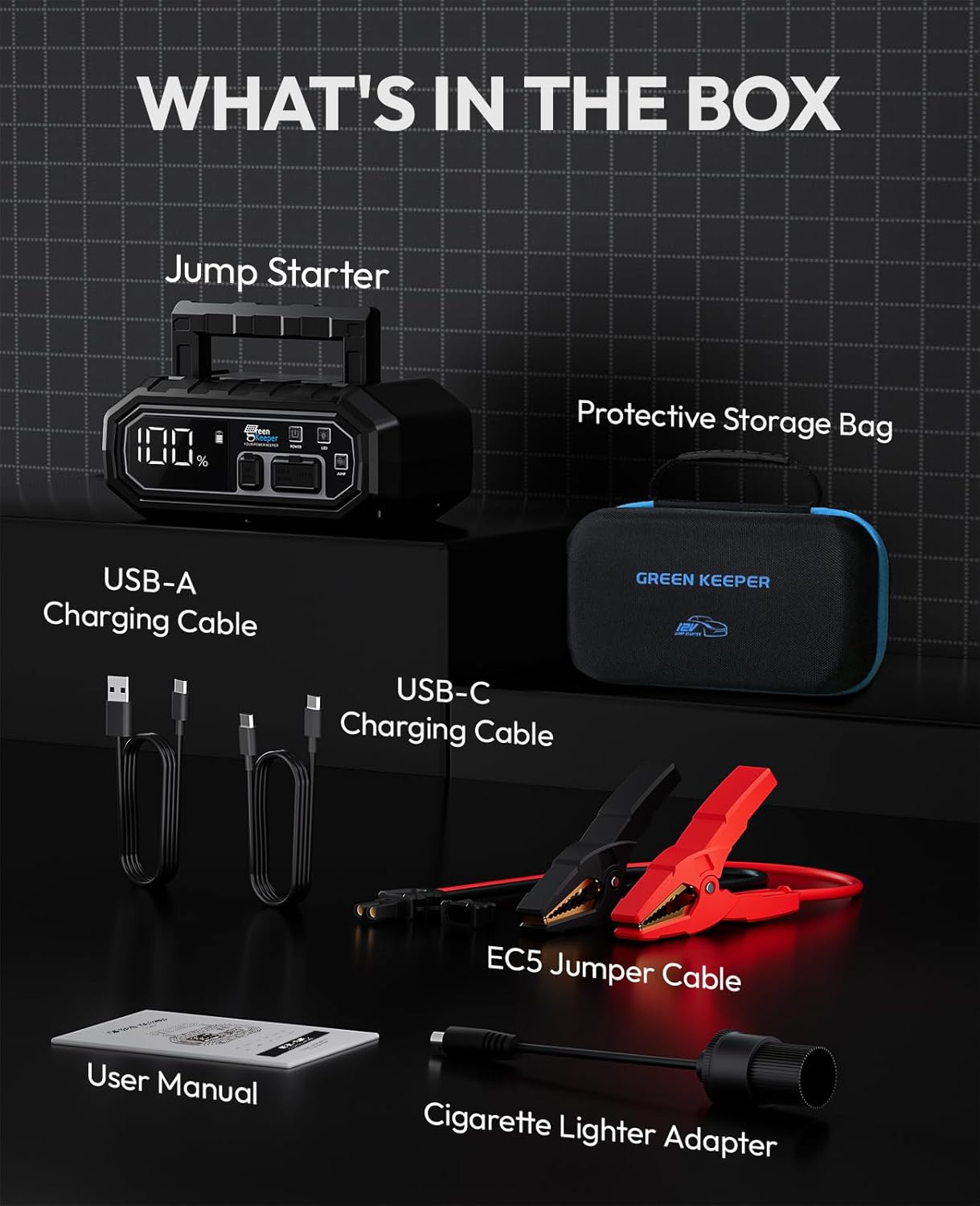 4000A 便携式汽车应急启动电源：12V 电池启动盒应急套件，适用于 10.0L 汽车卡车，汽车启动器，快速充电移动电源，带 USB-C 接口、LED 指示灯、智能保护功能，GK-J1205