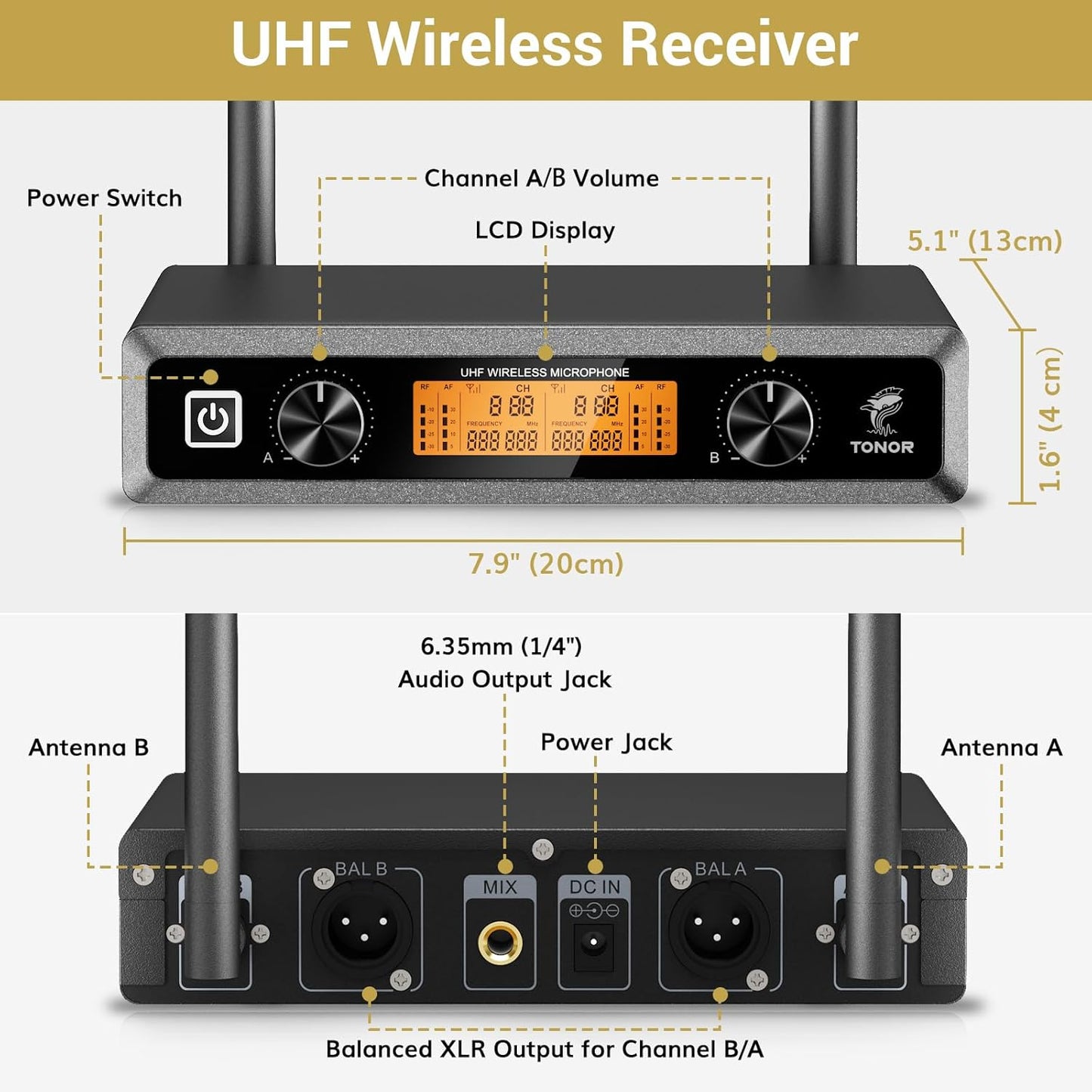 TONOR TW820 Wireless Microphone System, Professional Metal Cordless Karaoke Microphones, Handheld Dynamic Mic Set with Receiver for Party, Meeting, KTV, Church, DJ, Wedding, Singing, 200ft,  Black&Red