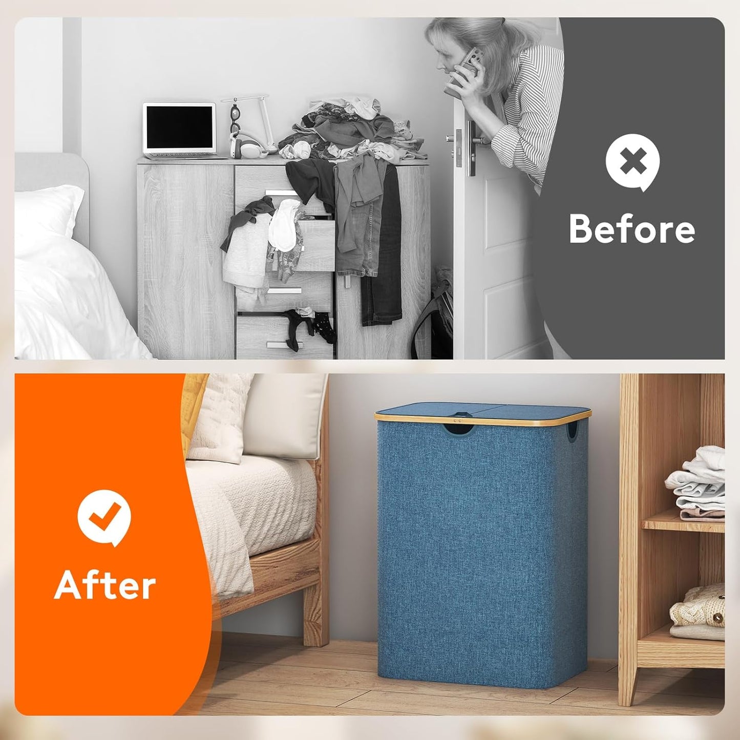 Lifewit 150L Laundry Basket with Lid 3 Section, Large Laundry Hamper with Bamboo Handles and Removable Laundry Bags, Clothes Hampers for Laundry for Bedroom, Bathroom, Dorm, Laundry Room, Dark blue