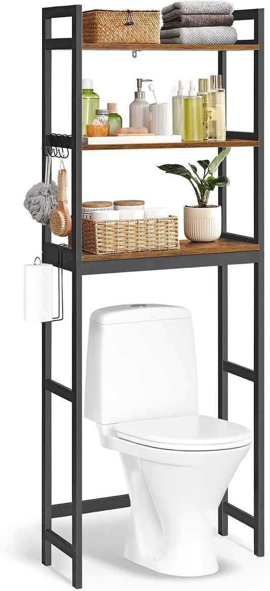 Over-The-Toilet Storage, 3-Tier Bathroom Organizer Over Toilet with Adjustable Shelves, Hooks, Bamboo, Freestanding Space Saver Bathroom Shelves, Rustic Brown and Ink Black
