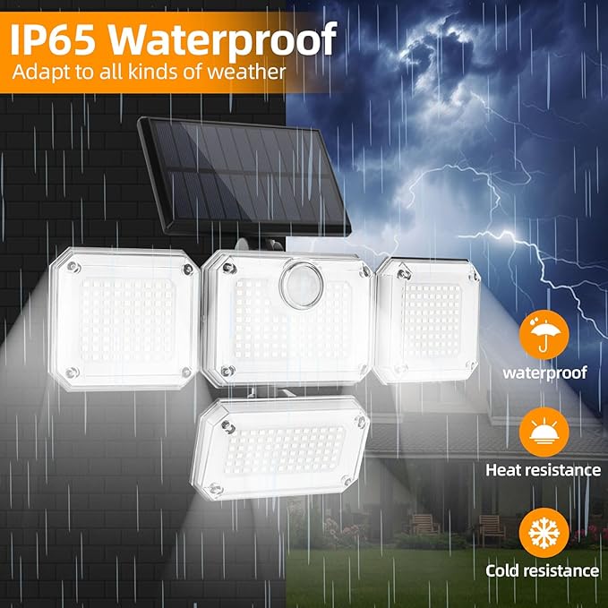 户外太阳能感应灯 - 333LED泛光灯，带人体感应功能，4灯头，7000K色温，3600流明，三种模式，带遥控器，防水，适用于车库、庭院入口、露台等场所。
