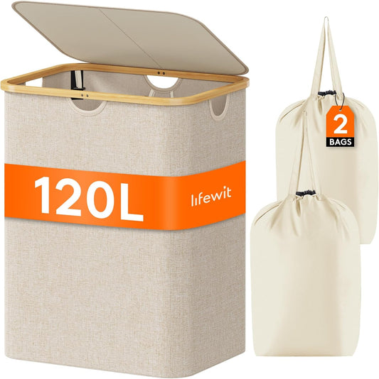 Lifewit 120L Laundry Basket with Lid, Clothes Hampers for Laundry with Bamboo Handles and A Removable Laundry Bag, Large Foldable Laundry Hamper for Bedroom, Bathroom, Dorm, Laundry Room, Beige