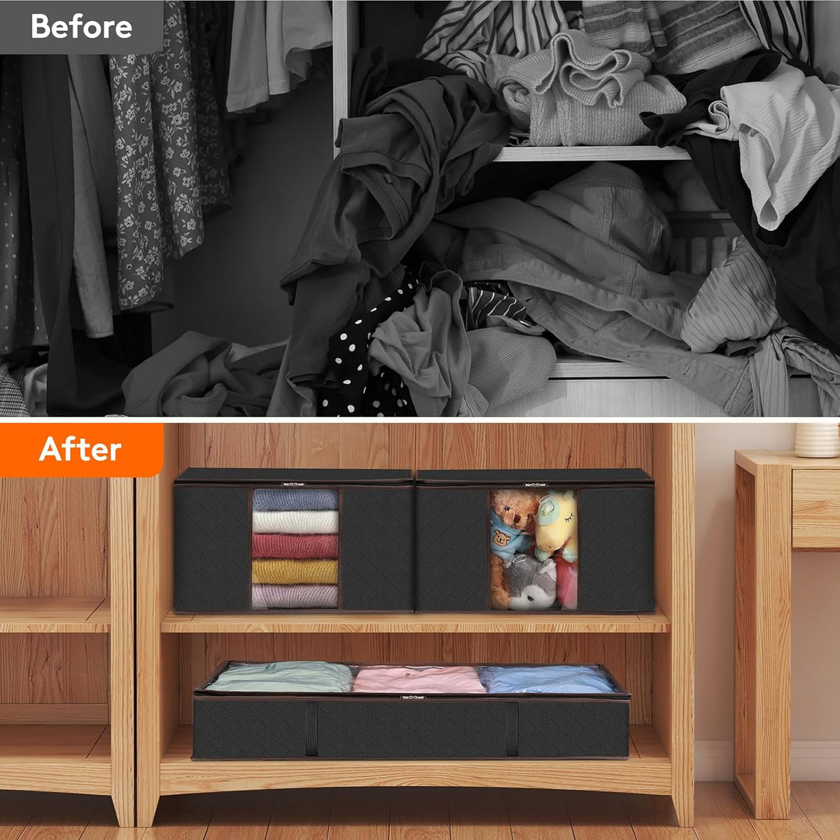 6 Pack Large Under Bed Storage, Underbed Storage Bags with 4 Handles, Foldable Underbed Storage Containers for Comforters, Blankets, Bedding, Sturdy Zipper, Clear Window, Black