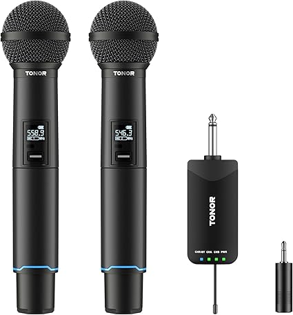 TONOR TW720 Rechargeable Karaoke Microphones, Metal Professional Dynamic Microphone System with Receiver, UHF Dual Channel Handheld Cordless Microphone for Wedding, Karaoke, Church, Singing, DJ, Black