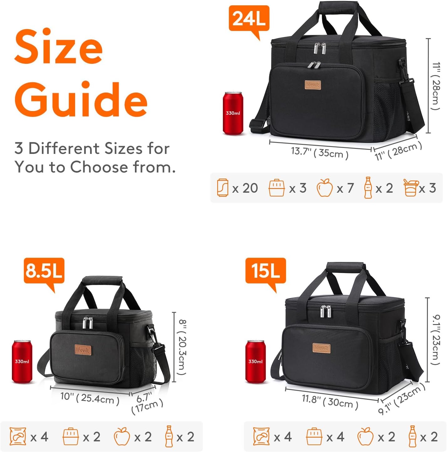Lifewit Large Lunch Bag for Adults, 24-Can 15L Insulated Lunch Box Leakproof Soft Cooler Cooling Tote for Men Women, Waterproof Reusable Cooler Bags for Work Office Outdoor Picnic Camping, Black