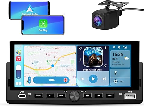 Single Din Car Stereo, 6.86 Inch CarPlay & Android Auto HD IPS Touchscreen Radio with Bluetooth with Backup Camera, Support USB Type-C Charging/USB/Mirror Link/Microphone/FM/EQ