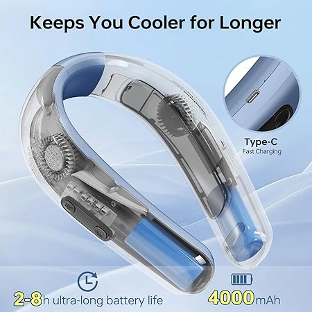 Portable Fan Neck Air Conditioner, Instant Cooling Neck Fan, 4000mAh Battery Rechargeable, 3 Wind Speeds, USB Fast Charging, Wearable Personal Fan for Office Outdoors Travel