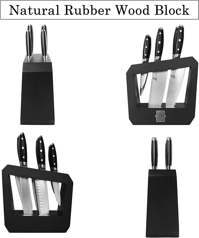 TUO Knife Block Set 7 Piece Kitchen Knife Set with Wooden Block, Chef Knife, Paring Knife Cooking Knife Pakkawood Handle - German HC Steel - Black Hawk Series with Gift Box