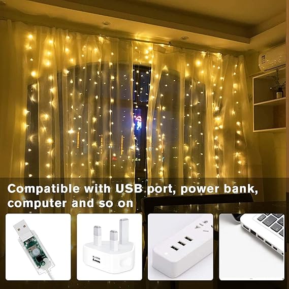 窗帘灯，卧室仙女灯，300颗暖白LED闪烁灯，8种模式，USB供电，冰柱灯串，带遥控器和定时器，适用于室内圣诞派对露台装饰（9.8 x 9.8 英尺）