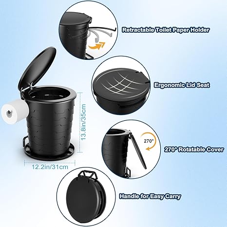 HK Portable Toilet with Toilet Paper Holder and Lid, Retractable Porta Potty for Camping, Foldable Toilet Adjustable Height for Camping, Hiking, Fishing, RV Travel, Road Trips