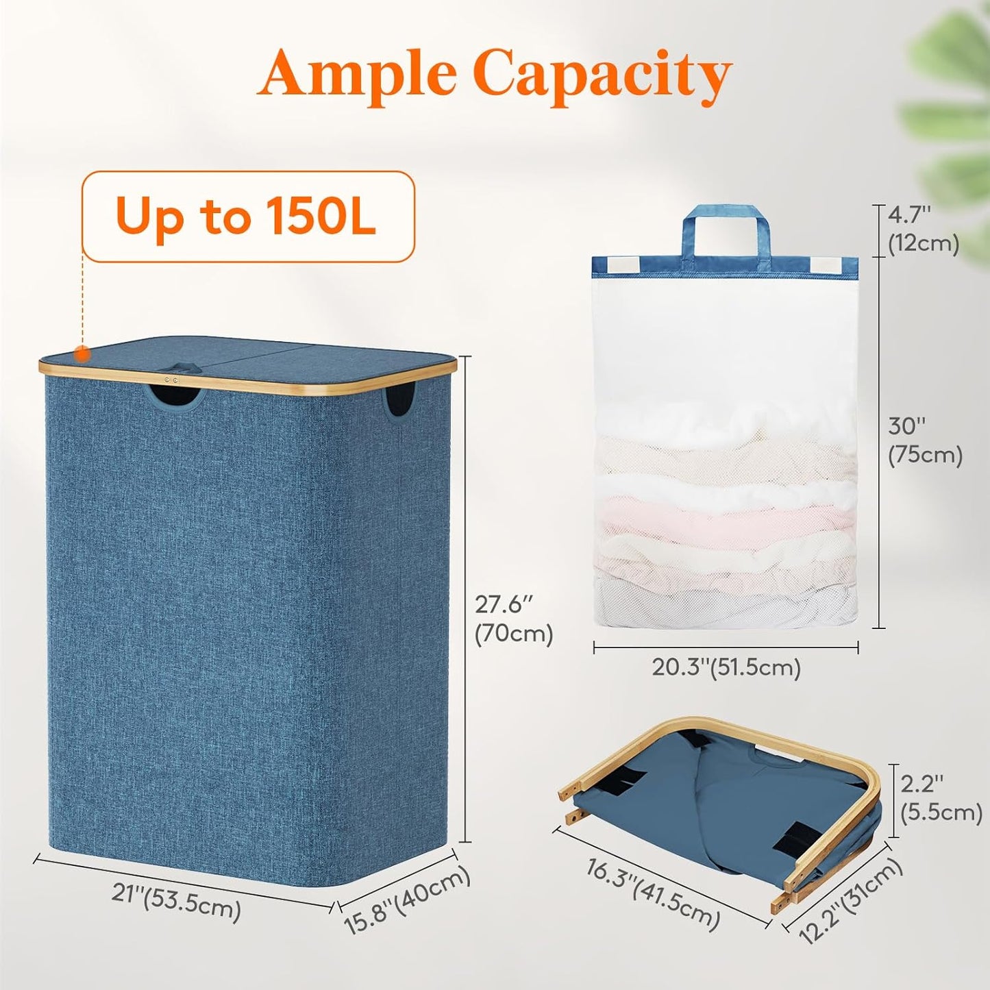 Lifewit 150L Laundry Basket with Lid 3 Section, Large Laundry Hamper with Bamboo Handles and Removable Laundry Bags, Clothes Hampers for Laundry for Bedroom, Bathroom, Dorm, Laundry Room, Dark blue