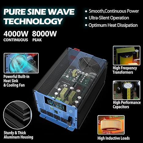 4000W Pure Sine Wave Power Inverters DC 12V to AC 110V 120V with Type-C 4 AC Outlets Dual USB Ports Terminal Blocks LCD Display Wireless Remote Controller for Home RV Solar System Car