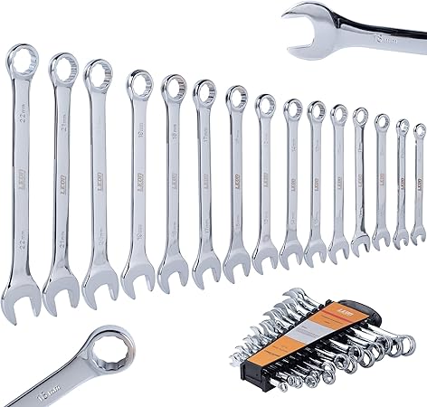 15 Pcs Combination Wrench Det with Organizer Rack, 8,9,10,11,12,13,14,15,16,17,18,19,20,21,22mm, Spanner Gear Ring Combination, SAE Wrench Set
