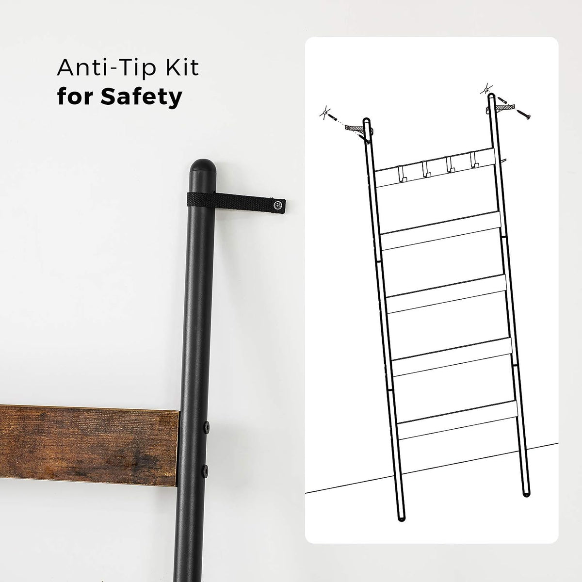 5-Tier Blanket Ladder Shelf, Wall-Leaning Rack with 4 Hooks, Rustic Brown