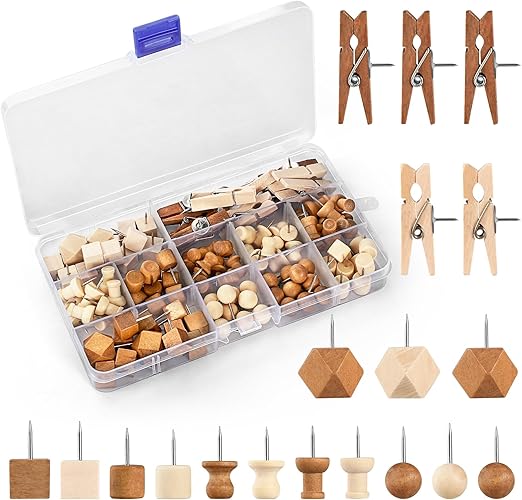 114Pcs Decorative Push Pins in 7 Types and 2 Colors Wooden Push Pins Cute Thumb Tacks Clips for Cork Board Bulletin Board Wall Cubicle Crafts for Office Classroom Farmhouse with Storage Box