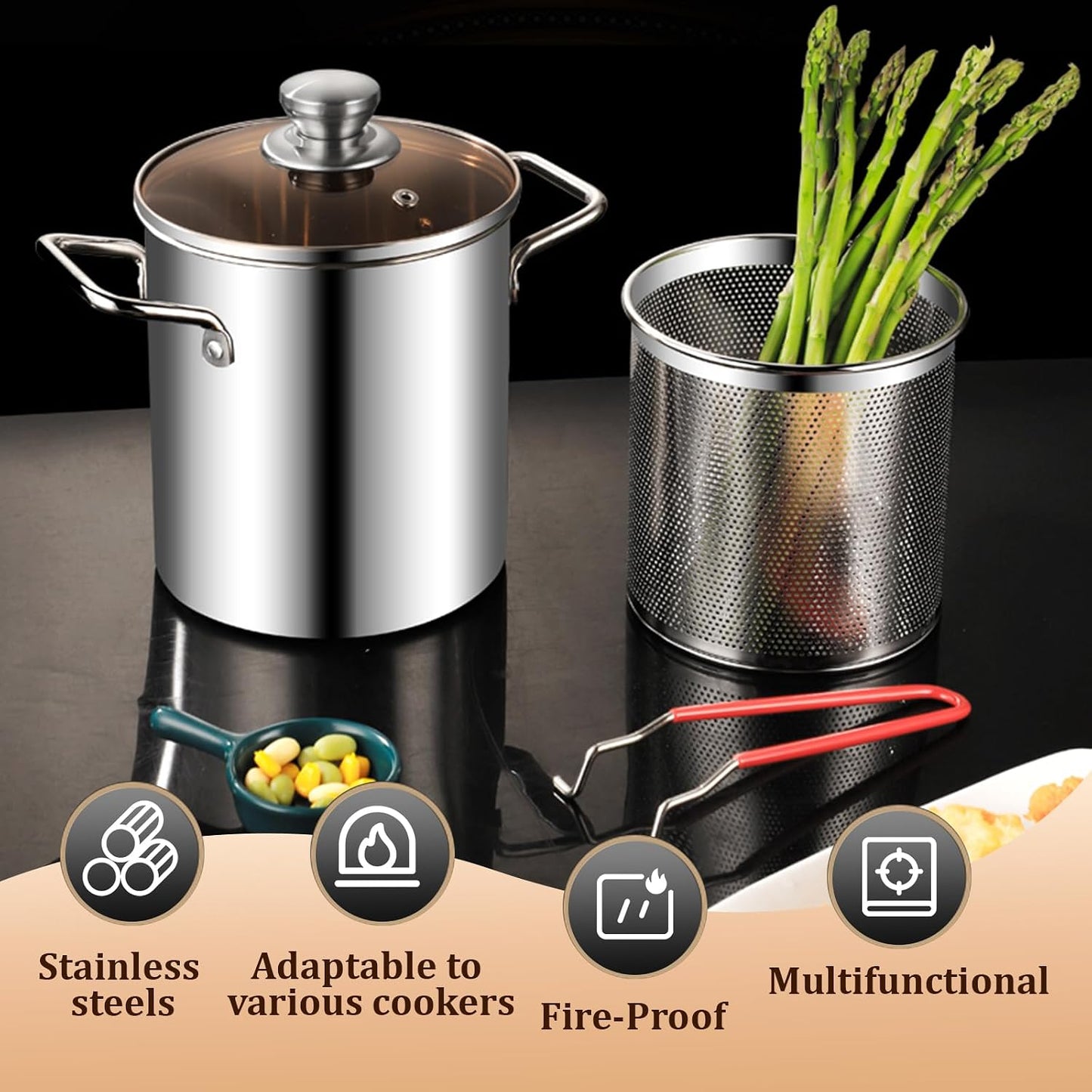 Deep Fryer Pot, 3.2QT 304 Stainless Steel Deep Fryer with Basket, Oil Strainer Pot Fish Fryers Outdoor Cooking Pot Deep Frying Pot w Strainer Basket and Handle for Frying Seafood Chicken French Fries