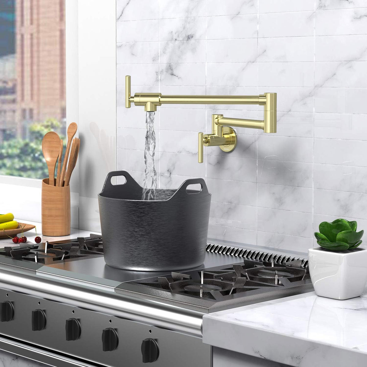 Certified NIREU Pot Filler Faucet Wall Mount Brushed Gold Folding Stretchable Brass Kitchen Faucet
