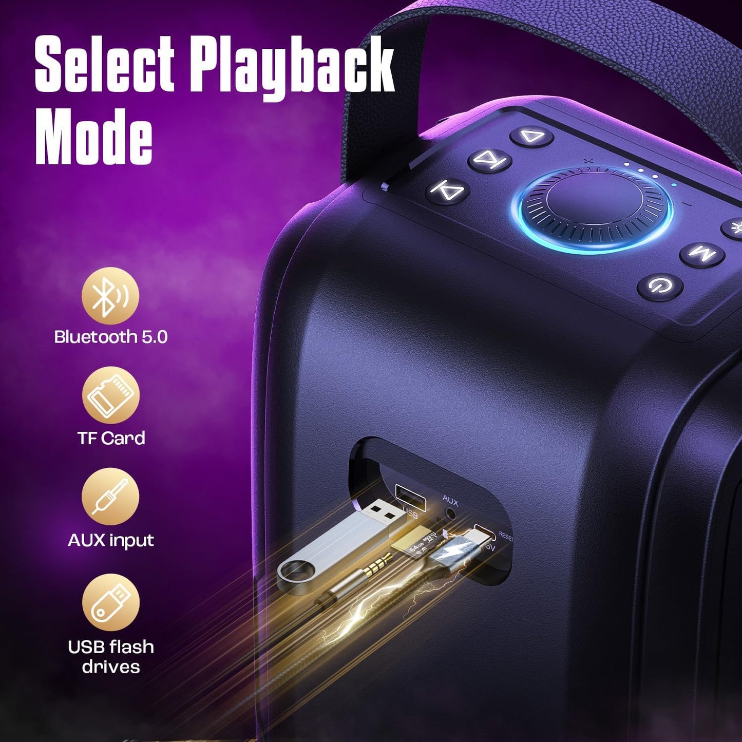 W-King Bluetooth Speaker Loud, T9-2, 180W Peak Party Portable Outdoor Haut Parleur Speaker Wireless Boom Box/4 Drivers(2 * 4.04’’ Woofer)-80W Deep Bass Tube, Huge 105dB Sound, Lights/IPX5/EQ/24H/USB/TF/AUX