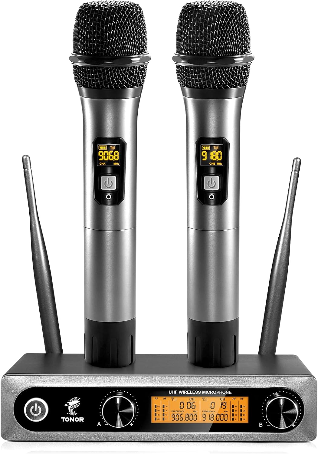 TONOR Wireless Microphone, Metal Dual Professional UHF Cordless Dynamic Handheld Mic System for Instrument Performance, Home Karaoke, Meeting, Party, Church, DJ, Wedding, Home KTV Set, 200ft(TW820)