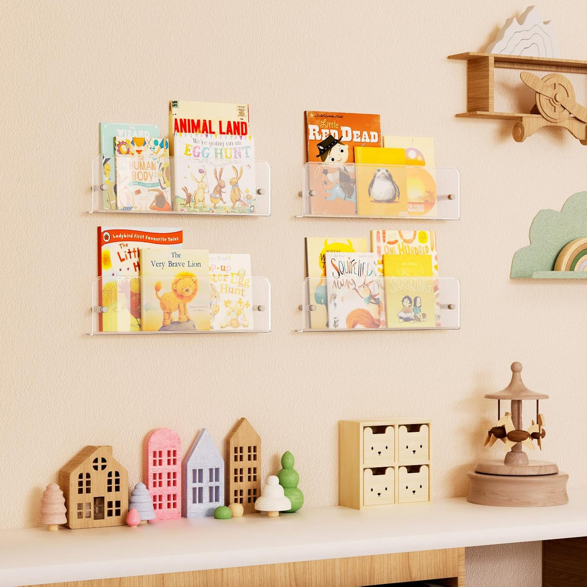 Magazine Rack Wall Mounted, 4 Pack 15" Nursery Bookshelf, Clear Acrylic Kids Floating Shelves Picture Hanging Racks for Baby/Toddler/Children in Bedroom, Living Room Decor