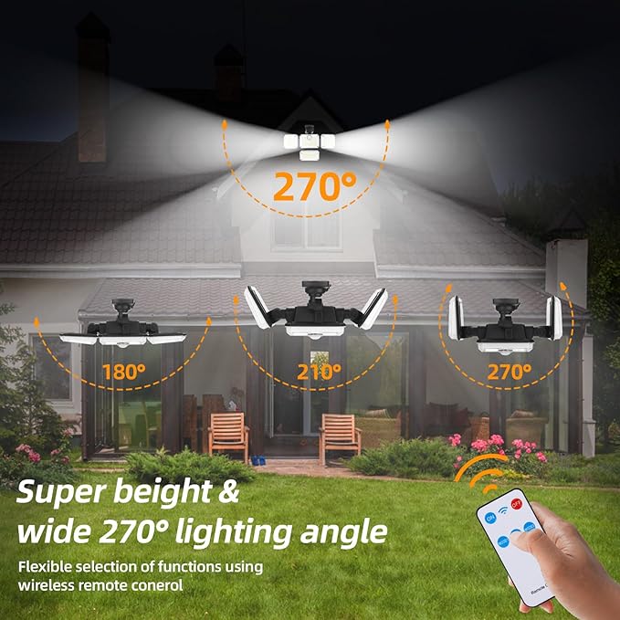 户外太阳能感应灯 - 333LED泛光灯，带人体感应功能，4灯头，7000K色温，3600流明，三种模式，带遥控器，防水，适用于车库、庭院入口、露台等场所。