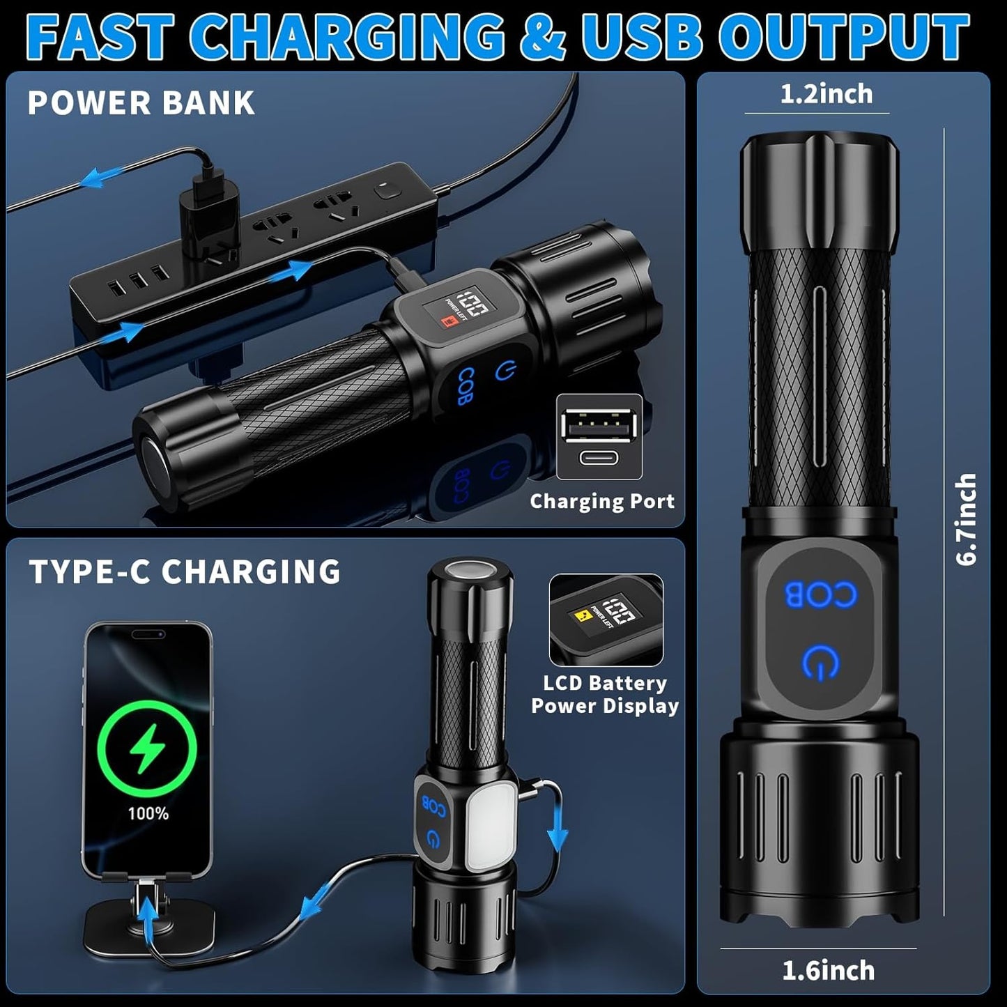 Rechargeable LED Flashlight 990000 High Lumens, Powerful Super Bright Tactical Flash Light with Magnet, Zoomable, IPX7 Waterproof, 9 Modes for Outdoor Camping Emergency