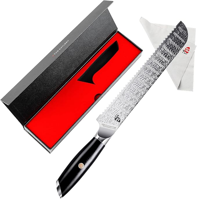 TUO 8英寸面包刀 - 锯齿面包刀，厨房面包切片刀，锻造AUS-8日本不锈钢刀身及G10手柄 - Falcon S系列，带礼盒