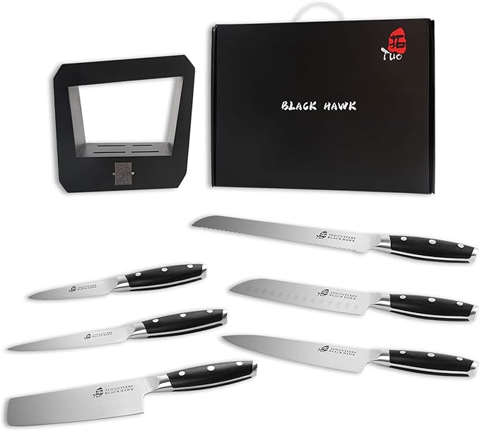 TUO Knife Block Set 7 Piece Kitchen Knife Set with Wooden Block, Chef Knife, Paring Knife Cooking Knife Pakkawood Handle - German HC Steel - Black Hawk Series with Gift Box