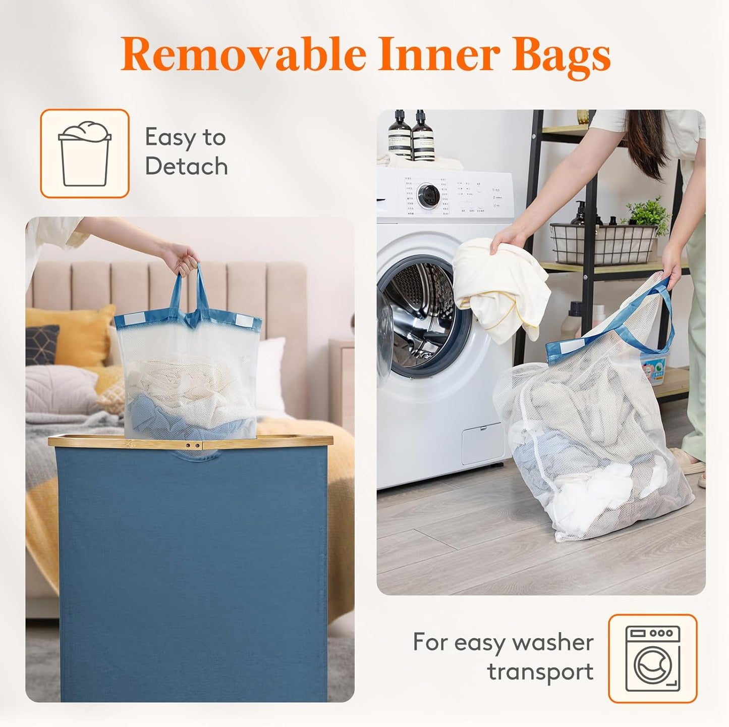 Lifewit 150L Laundry Basket with Lid 3 Section, Large Laundry Hamper with Bamboo Handles and Removable Laundry Bags, Clothes Hampers for Laundry for Bedroom, Bathroom, Dorm, Laundry Room, Dark blue