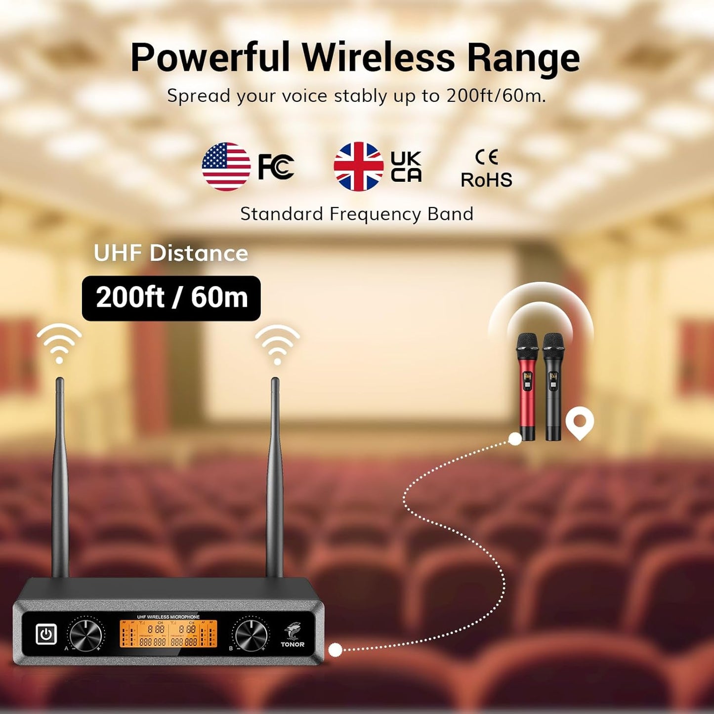 TONOR TW820 Wireless Microphone System, Professional Metal Cordless Karaoke Microphones, Handheld Dynamic Mic Set with Receiver for Party, Meeting, KTV, Church, DJ, Wedding, Singing, 200ft,  Black&Red