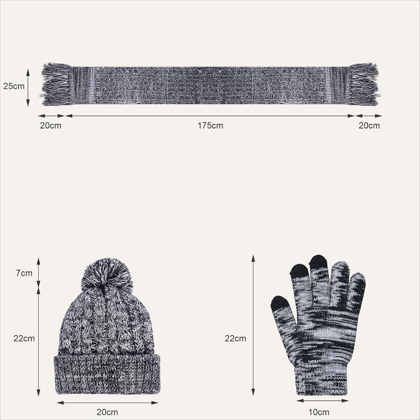 Women's Warm Beanie Hat 3 in 1 Warm Long Scarf and Touchscreen Glove Set Winter Thick Chunky Knitted Pom Cap