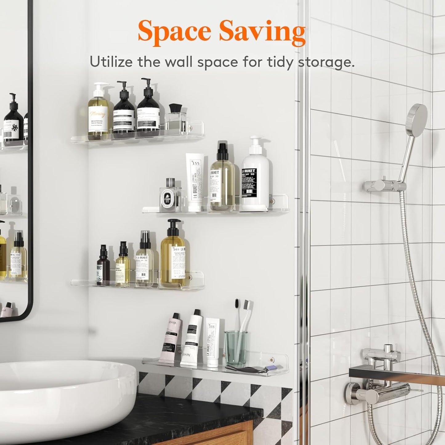 Lifewit Floating Shelves Wall Mounted, 4 Pack 15" Clear Acrylic Wall Organizer Kids Bookshelf Display Ledge Holder Decor for Perfume/Book/Magazine/Photo/Makeup/Figures in Bathroom Living Room Kitchen