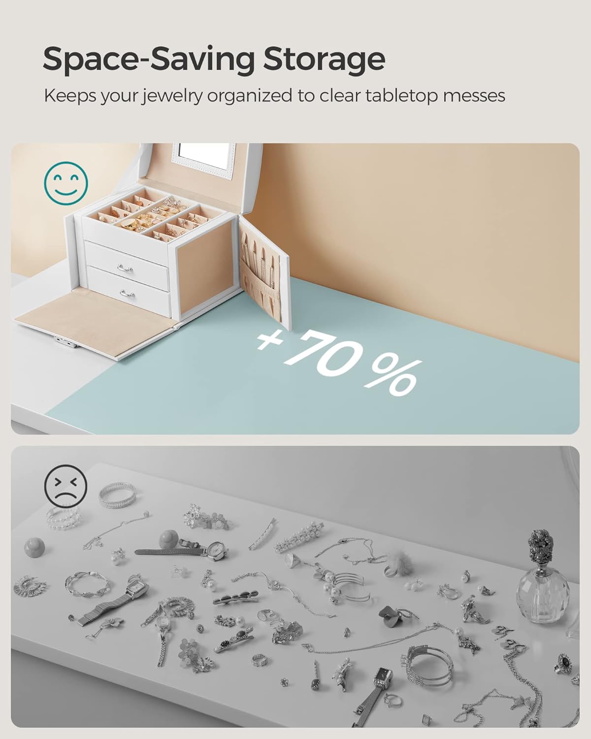 SONGMICS 3-Tier Jewelry Box, Lockable Jewelry Organizer, 2 Drawers, Travel Jewelry Case, White UJBC154W01