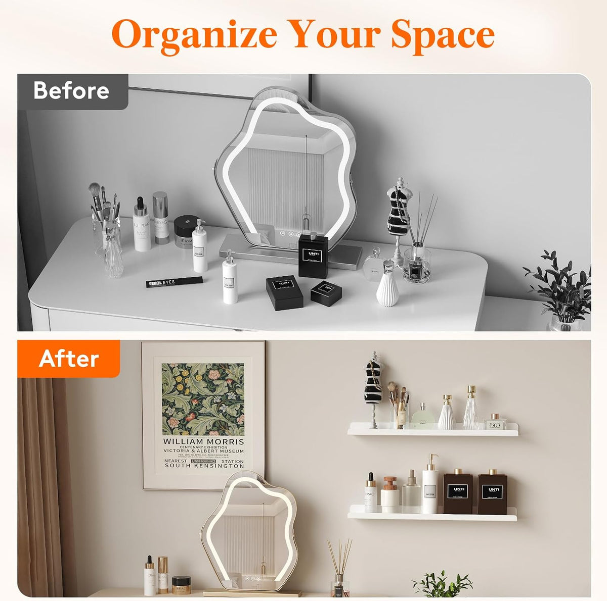 Floating Book Shelves 24", 4 Pack White Acrylic Hanging Racks for Wall Mounted for Photos/Makeup/Skincare/Condiments/Figures in Bathroom, Bedroom, Kitchen, Living Room Decor