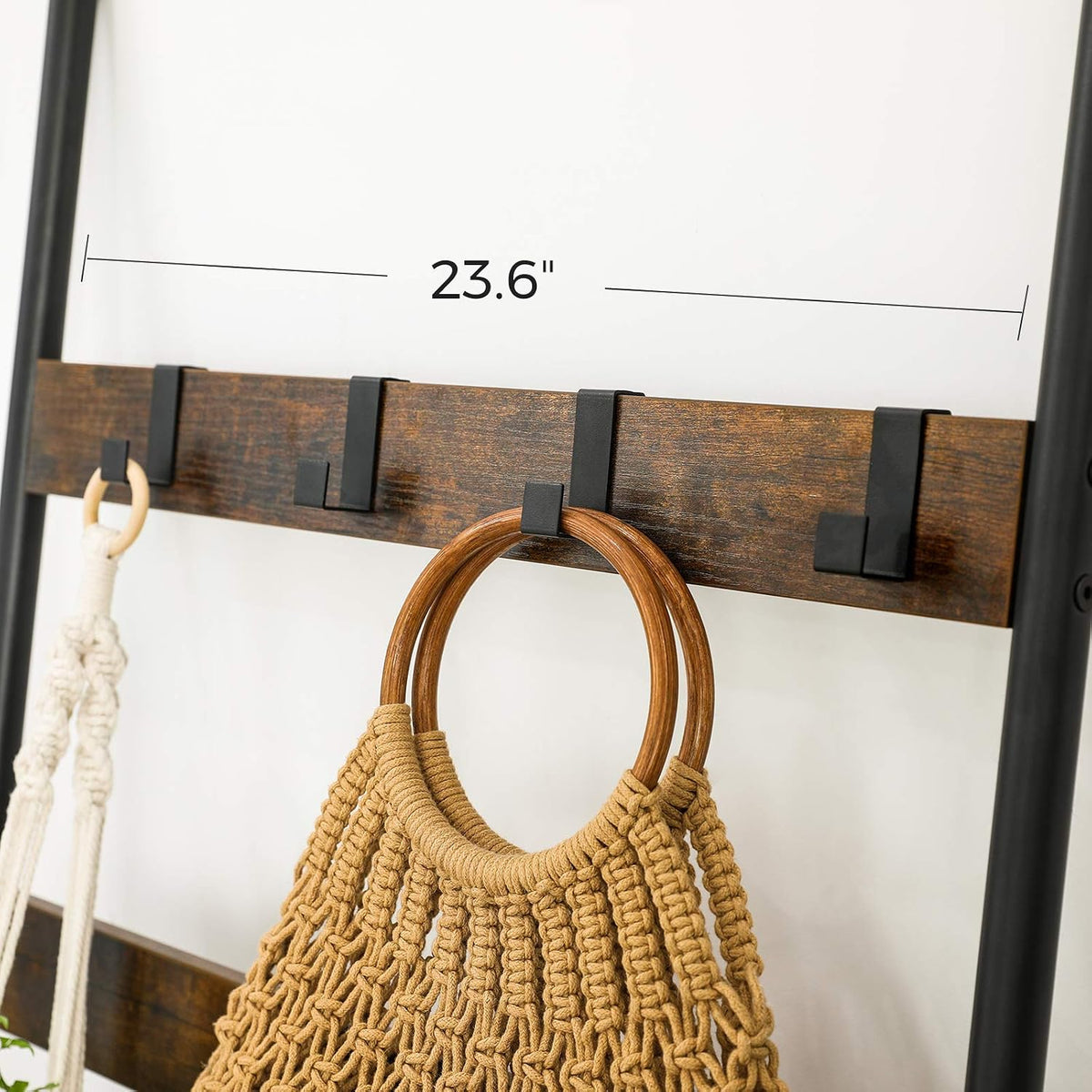 5-Tier Blanket Ladder Shelf, Wall-Leaning Rack with 4 Hooks, Rustic Brown