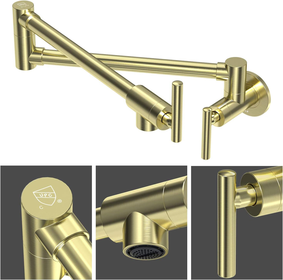 Certified NIREU Pot Filler Faucet Wall Mount Brushed Gold Folding Stretchable Brass Kitchen Faucet