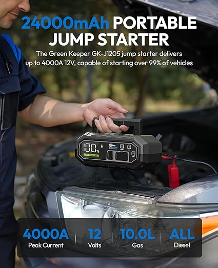 4000A 便携式汽车应急启动电源：12V 电池启动盒应急套件，适用于 10.0L 汽车卡车，汽车启动器，快速充电移动电源，带 USB-C 接口、LED 指示灯、智能保护功能，GK-J1205