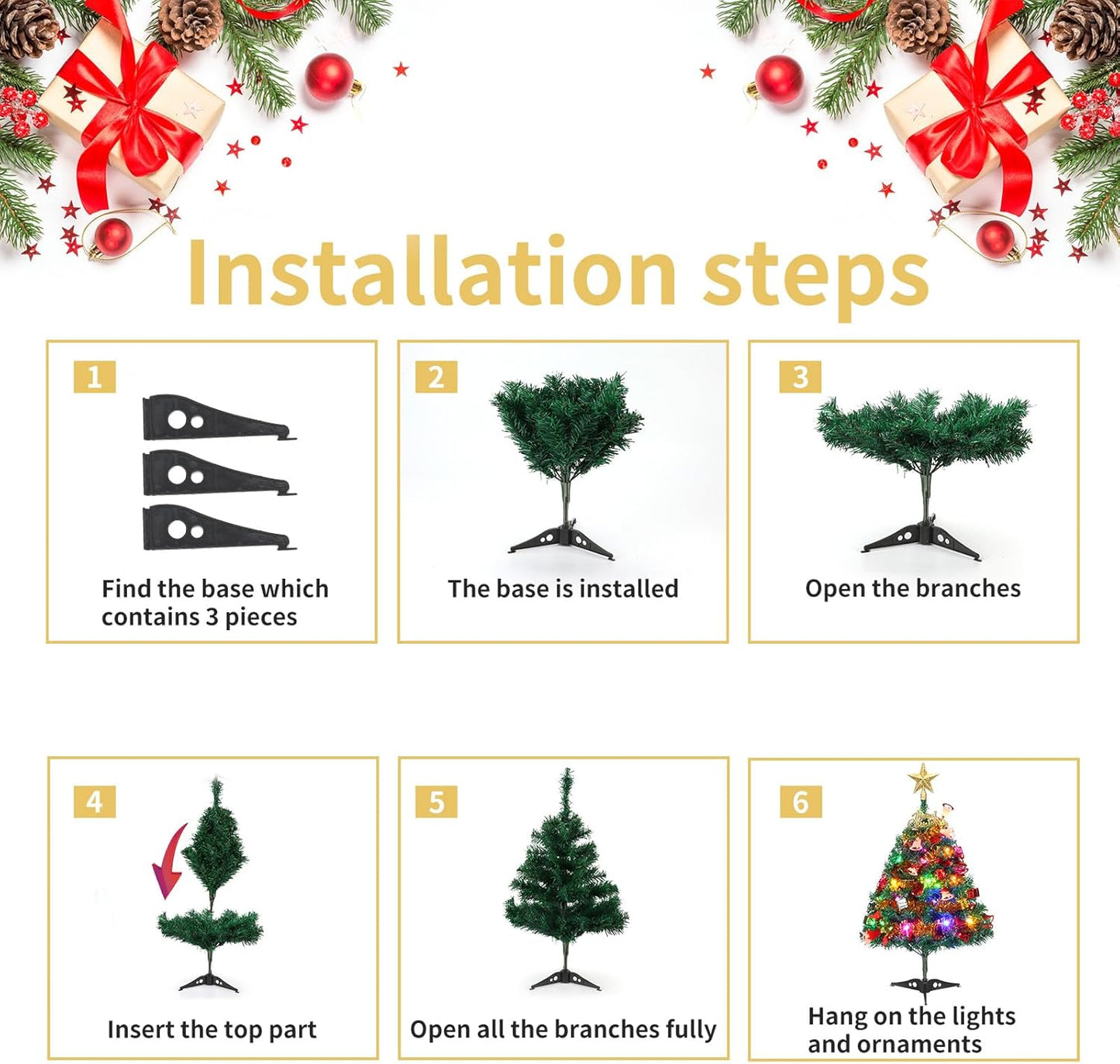 Mini Christmas Tree, 2ft Tabletop Christmas Tree Small Christmas Tree with Lights, Hanging Ornaments and Star Treetop, Christmas Decoration Tree Decor