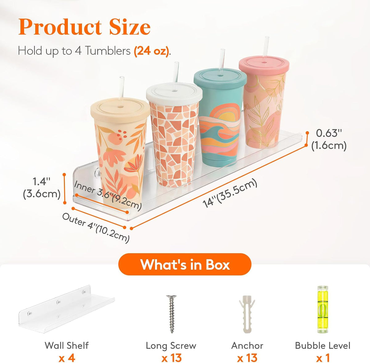 Floating Shelves Wall Mounted, 14" Clear Acrylic Organizer, 4 Pack