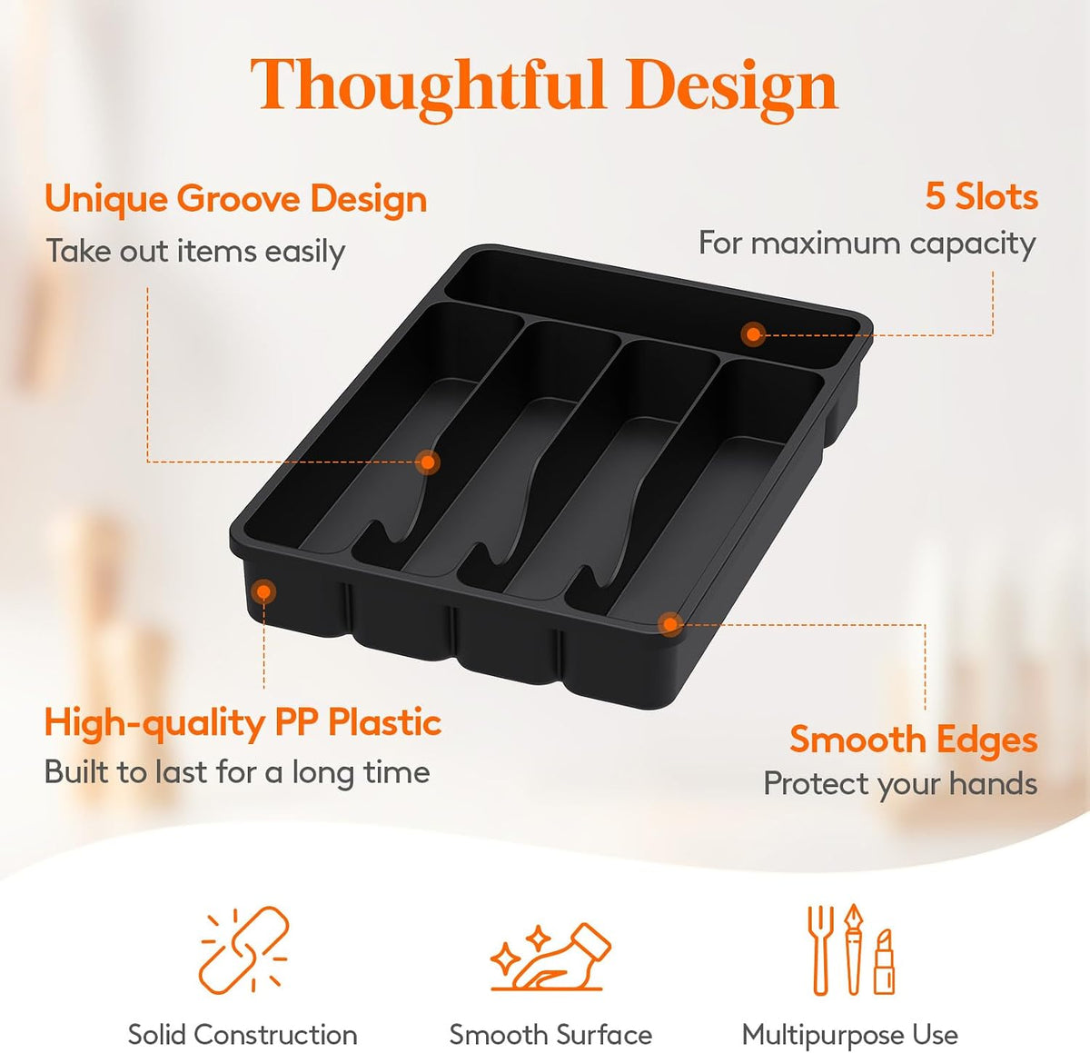 Silverware Drawer Organizer Tray, Plastic Cutlery Organizer for Kitchen Drawer, Flatware and Utensil Holder Divider for Spoons Forks Knives Tableware, 5 Compartment, Black