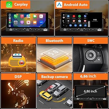 Single Din Car Stereo, 6.86 Inch CarPlay & Android Auto HD IPS Touchscreen Radio with Bluetooth with Backup Camera, Support USB Type-C Charging/USB/Mirror Link/Microphone/FM/EQ