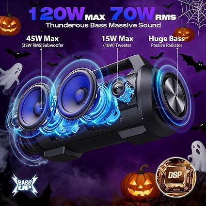 (Open Box) W-KING Bluetooth Speaker Loud, D10,  120W Peak Portable Speaker Bluetooth Wireless Party Boombox with 2* Subwoofer/70W Deep Bass, Lights/IPX6/42H/DSP/EQ/BT5.0/USB/TF/AUX, Haut Parleur Stereo Sound for Home