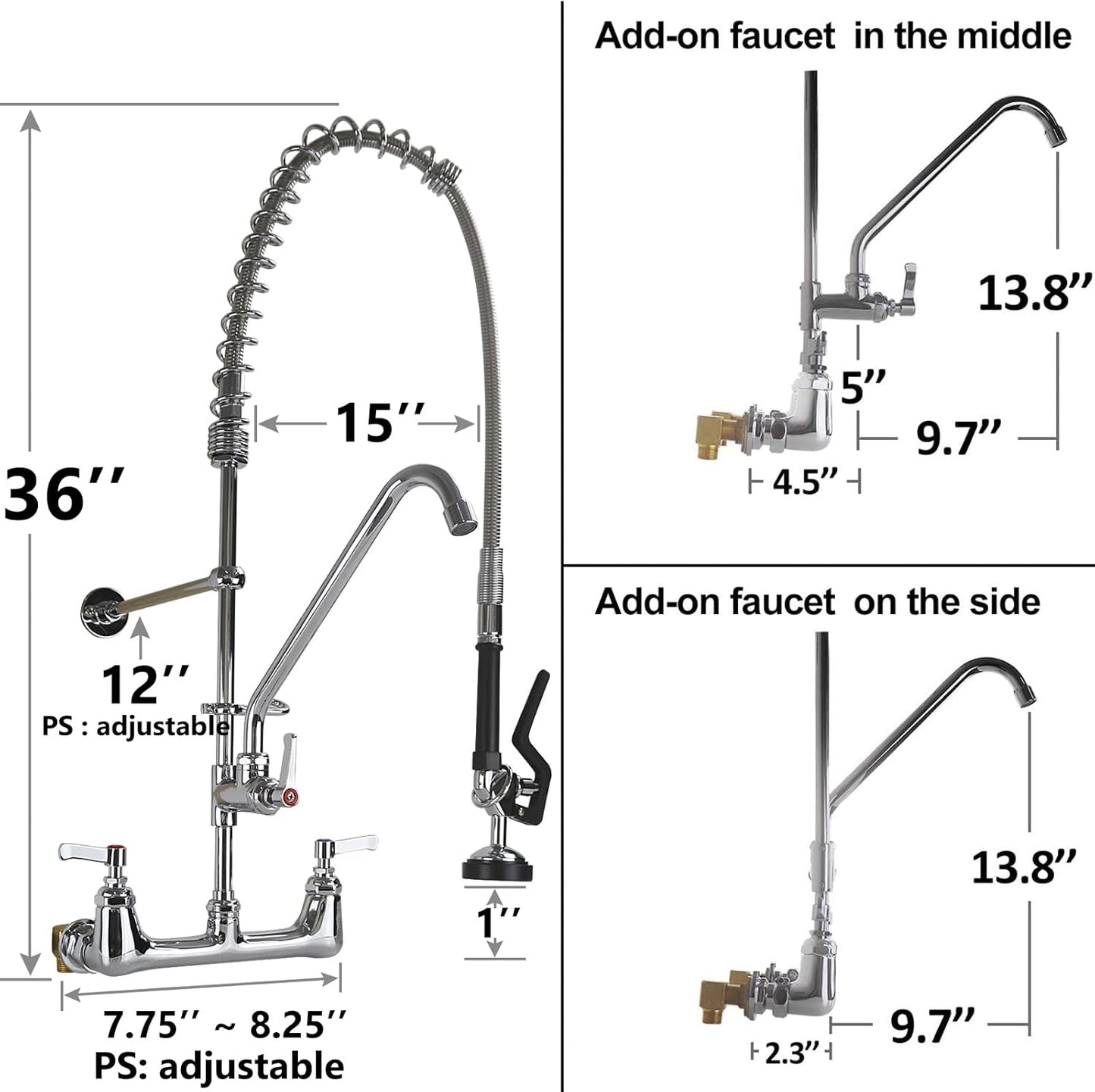 Commercial Faucet with Sprayer Kitchen Sink Faucet 36'' Height 8 Inch Center Commercial Wall Mount Faucet with Pull Down Pre-Rinse Sprayer and 9.7" Add-on Swing Spout, Perfect for 3 Bay Sink
