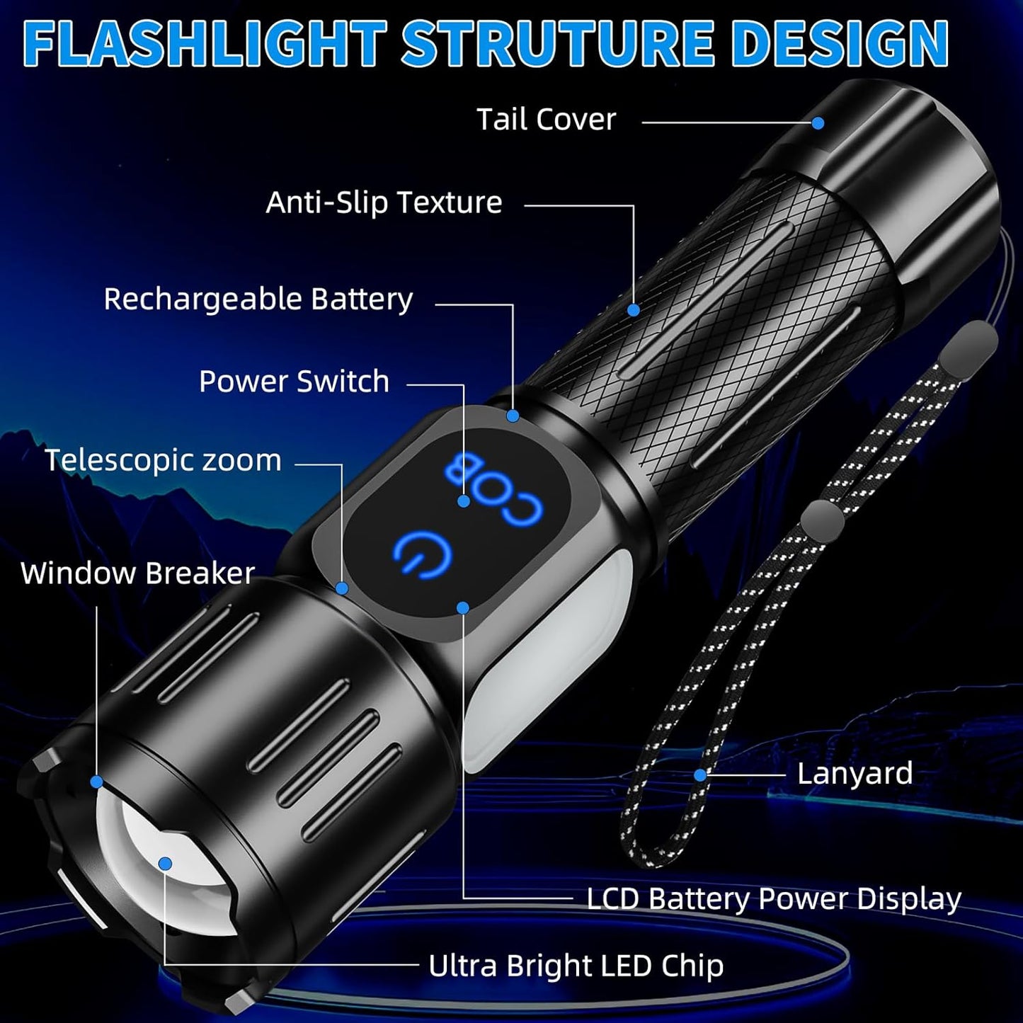 Rechargeable LED Flashlight 990000 High Lumens, Powerful Super Bright Tactical Flash Light with Magnet, Zoomable, IPX7 Waterproof, 9 Modes for Outdoor Camping Emergency
